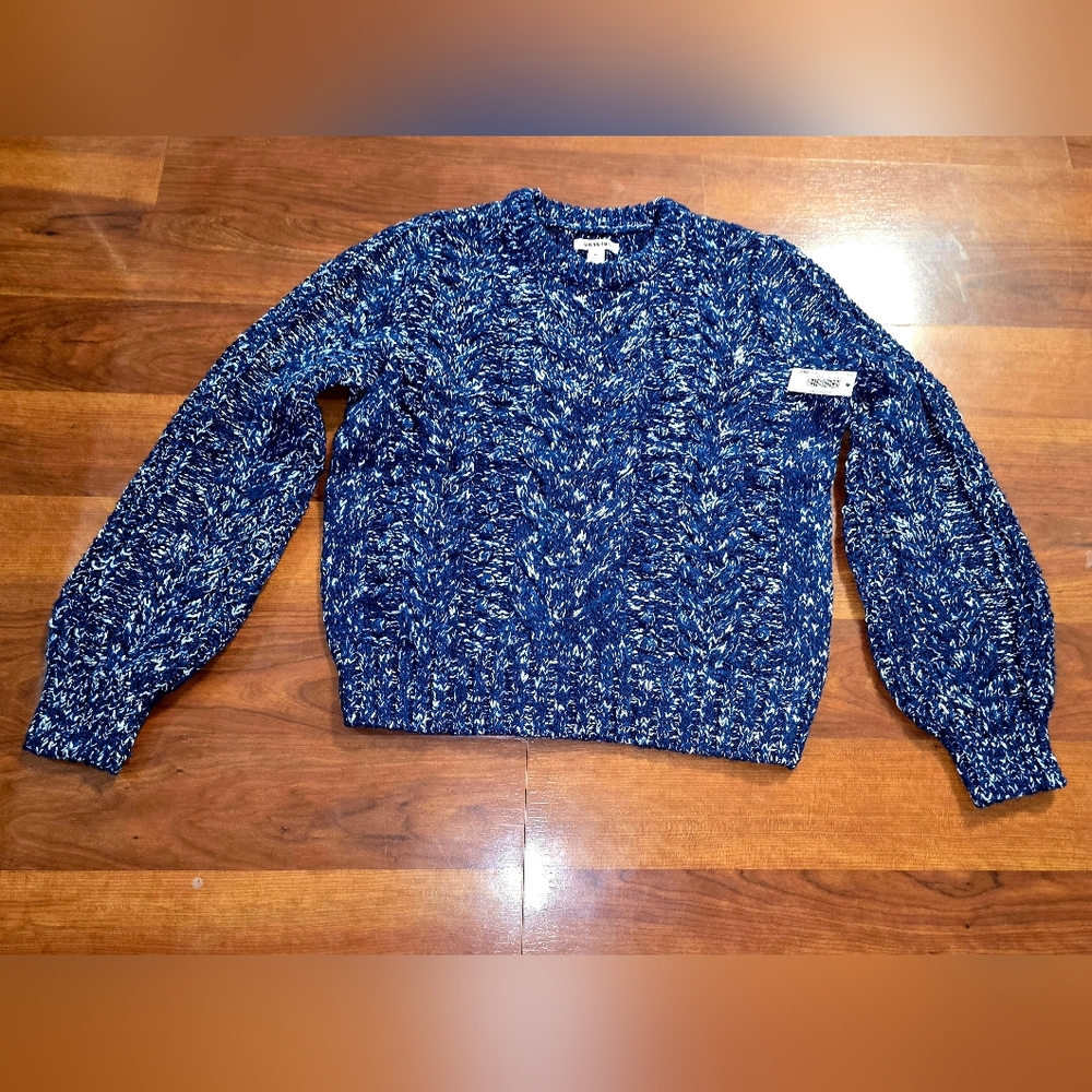 Speckled Boho Blue White Chunky Cable Knit Crew Neck Sweater Preppy Academia Y2K